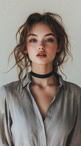 Young woman with long hair and bold makeup poses in gray shirt and choker aga...