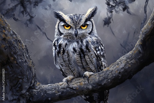 Majestic owl perched on an ancient tree in a misty landscape at dawn