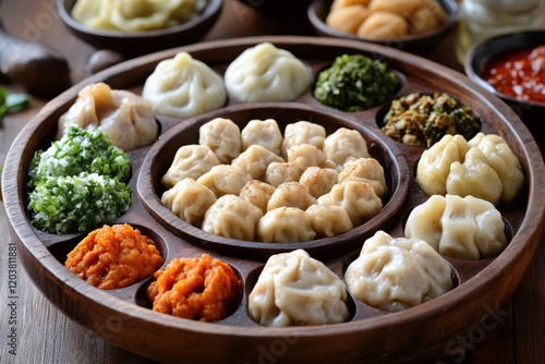 Delicious selection of dumplings served on a wooden platter at a dining table