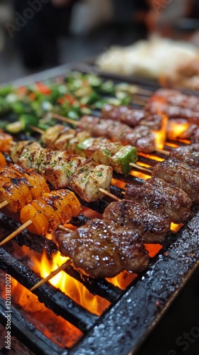 Grilling skewers of meat and vegetables over open flames at a summer barbecue...