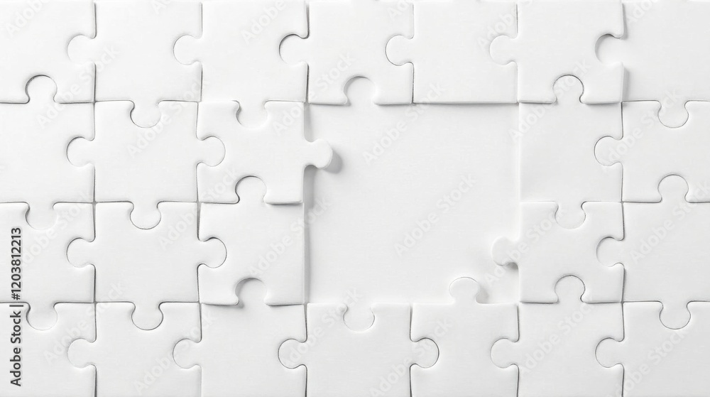 White Jigsaw Puzzle Pieces Almost Complete, Showing a Blank Space in the Center Representing Opportunity or a Missing Element White Jigsaw Puzzle Pieces Almost Complete, Showing a Blank Space in the Center Representing Opportunity or a Missing Element
