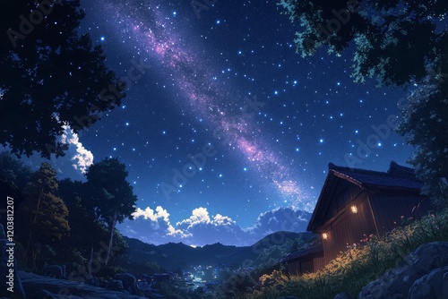 Starry night sky with vibrant shades of blue and distant galaxies illuminatin...