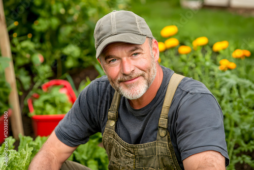 farmer in overalls smiles warmly while tending to vibrant garden filled with flowers and vegetables, showcasing connection to nature and hard work