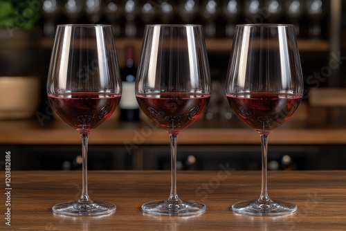 Elegant display of three red wine glasses glowing against a warm backdrop dur...