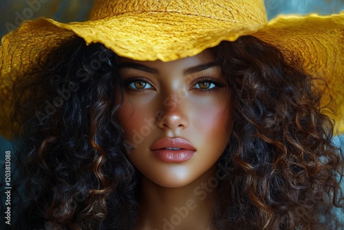 Young woman with curly hair and a large yellow hat poses for a close-up portr...