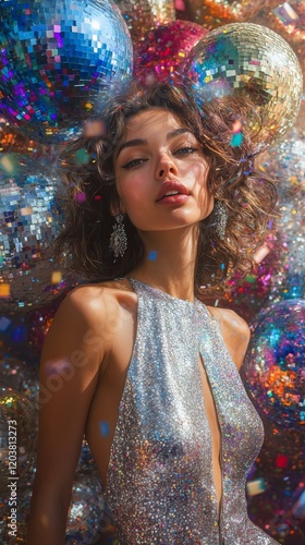 Sparkling countdown celebration with a glamorous model and disco balls in the...