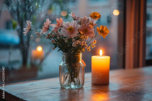 Beautiful bouquet of flowers and candle create a cozy atmosphere in a dimly l...