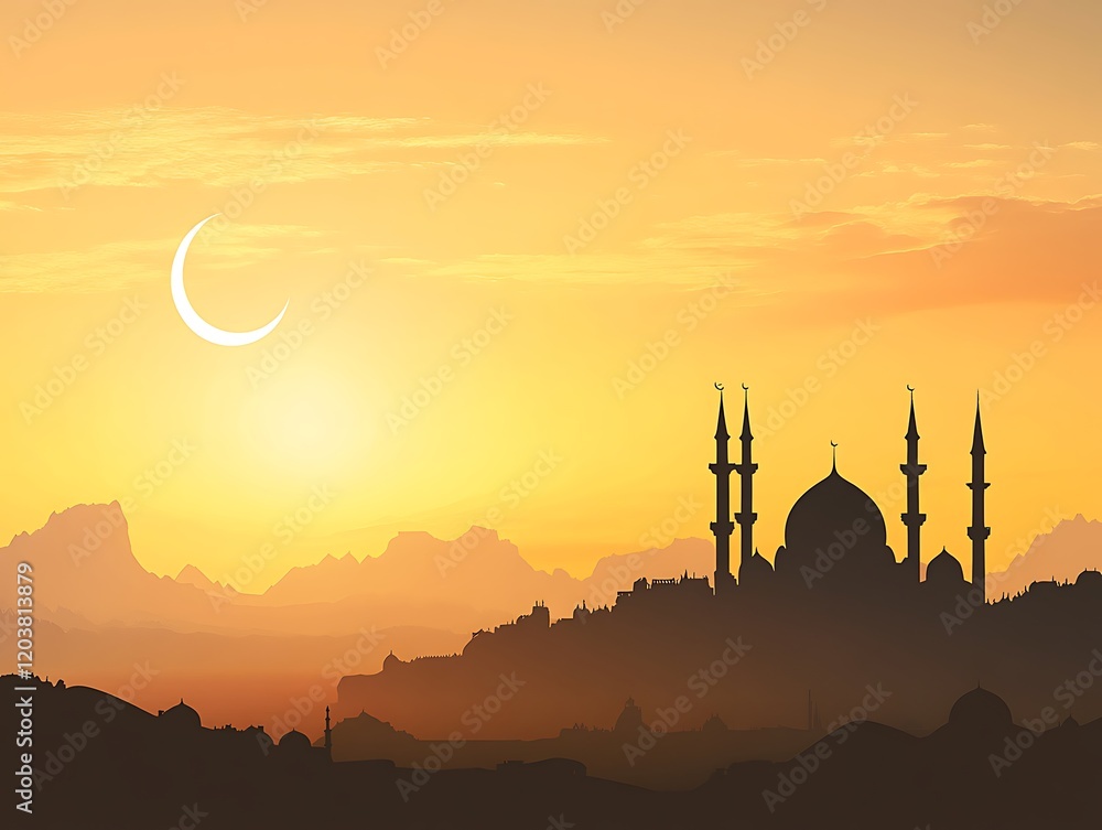 Obraz premium Majestic Mosque Silhouette at Sunset Over Distant Mountains