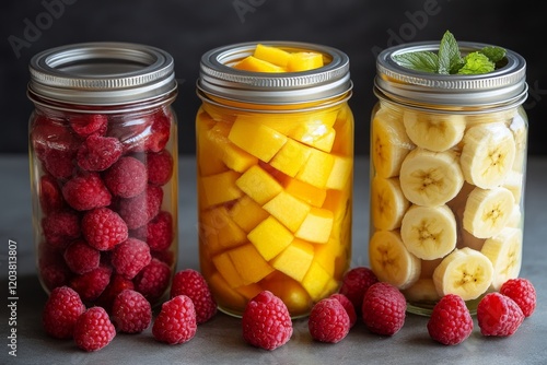 Colorful jars filled with fresh raspberries and bananas arranged on a dark su...