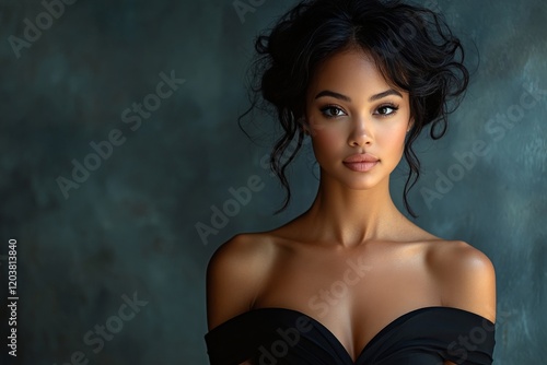 Portrait of a woman with soft curls wearing an elegant black off-shoulder dre...