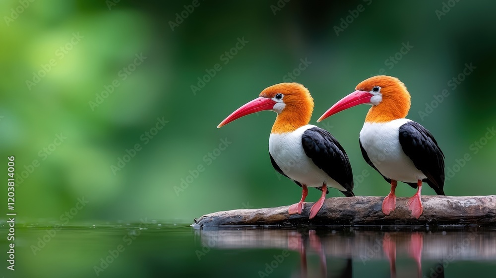 Obraz premium Two Colorful Birds on a Log by Water