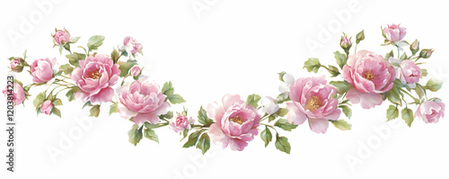 Pink rose garland, floral design, white background, wedding invite
