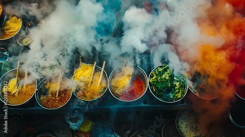 A vibrant street food stall in Ho Chi Minh City serving steaming bowls of phở amid colorful chaos.