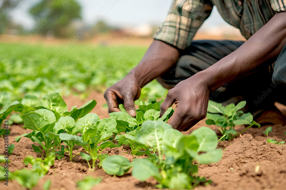 farmer tending to young seedlings in lush green field, showcasing dedication and care for agriculture. vibrant plants symbolize growth and sustainability farmer tending to young seedlings in lush green field, showcasing dedication and care for agriculture. vibrant plants symbolize growth and sustainability
