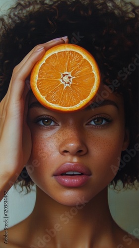 Girl holding a slice of orange in front of her face against a dark background...