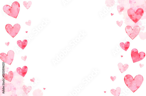Romantic watercolor heart border with a soft pink and red color palette on a white background perfect for love letters, Valentine's Day cards, and wedding invitations. Selective focus