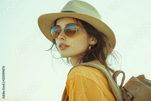 Elegance and style highlighted by a fashionable hat and sunglasses on a city ...