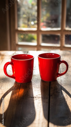 Red mugs on a wooden table reflecting soft sunlight in a cozy setting
