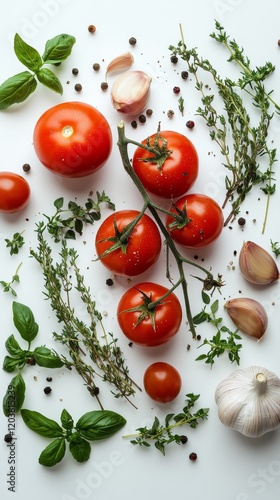 Fresh tomatoes and herbs arranged on a white surface for a culinary preparation
