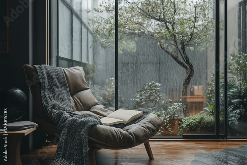 A tranquil Japandi-inspired reading nook in a loft-style living room, large windows framing the rain softly falling on the tree outside