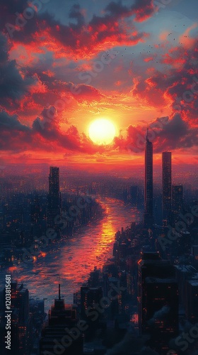 Vibrant sunset casts warm hues over a bustling city skyline during evening hours