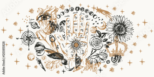 Hand drawn palm with astrological symbols, moon, sun, planets, stars, flowers. Chiromancy palm, palmistry background
