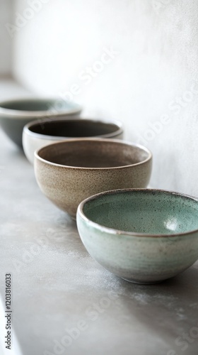 Variety of ceramic bowls displayed on a minimalist table with a soft background