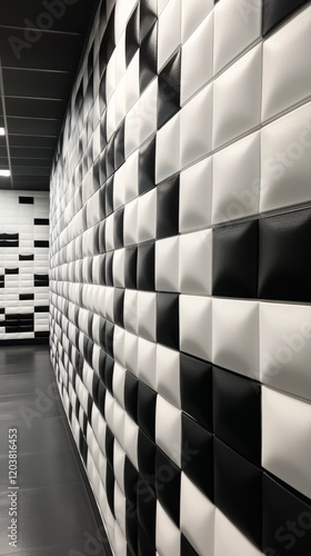 Unique arrangement of black and white tiles creating a modern wall design