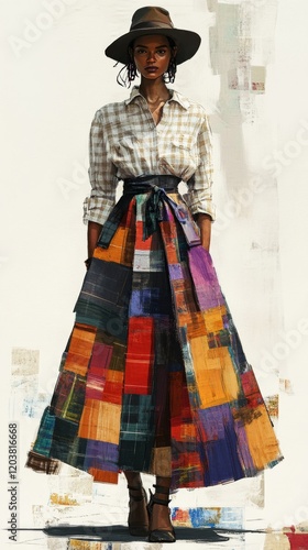 Woman in vintage plaid dress poses confidently in black and white setting wit...
