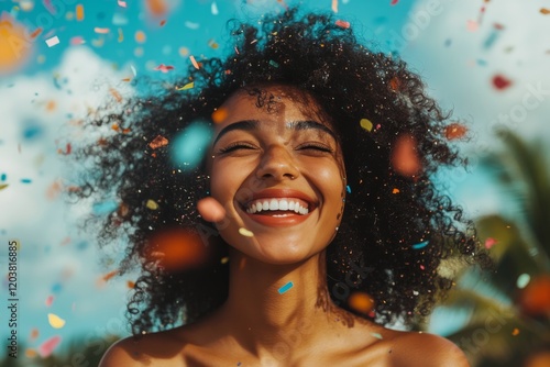 Joyful celebration with colorful confetti and a smiling woman on a sunny day ...