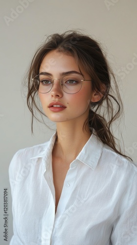Young woman with glasses posing in a casual white shirt against a neutral bac...