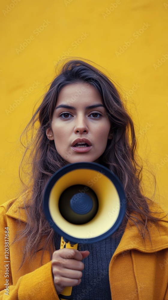 Fototapeta premium Activist during rally holding megaphone in a busy urban park with trees in the background