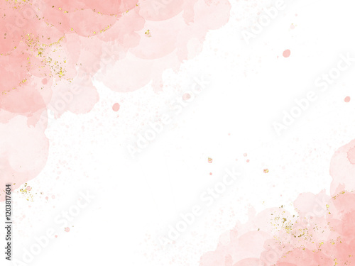 Pastel pink watercolor paint brush glitter gold with golden , dots and stains. Pastel marble alcohol ink drawing effect. pink texture design element for wedding invitation.