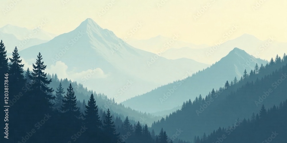 Fototapeta premium Serene Mountain Vista Misty Peaks and Evergreen Forests in a Peaceful Landscape