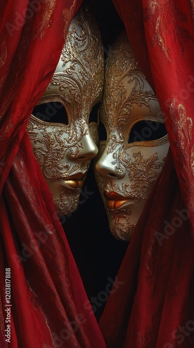 Elegant golden mask adorned with intricate patterns hidden behind flowing fabric