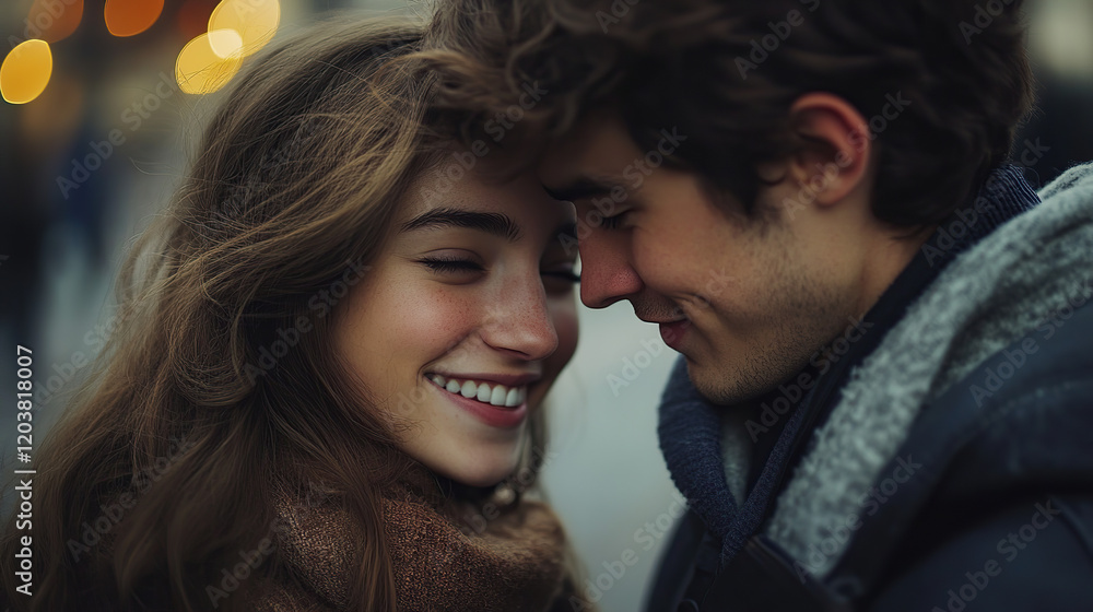 Smiling couple in love sharing an intimate moment outdoors. Smiling couple in love sharing an intimate moment outdoors.