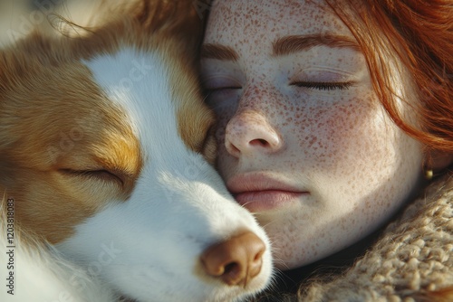 Girl cuddles with dog, sharing a warm moment outdoors during sunny day