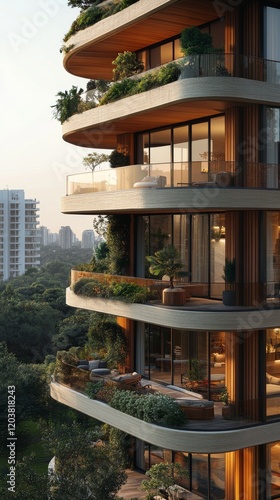 Modern residential building with green terraces and city skyline in the backg...
