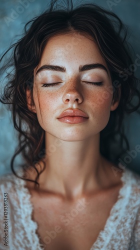 Woman with closed eyes and natural beauty, showcasing freckles and soft light...
