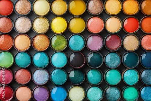 Colorful arrangement of various paint palettes displayed in a circular patter...