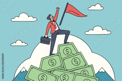 Business success, financial achievement, stack of money, businessman standing on cash pile, waving flag, victory pose, briefcase, blue sky background, white clouds, green dollar bills, cartoon style i