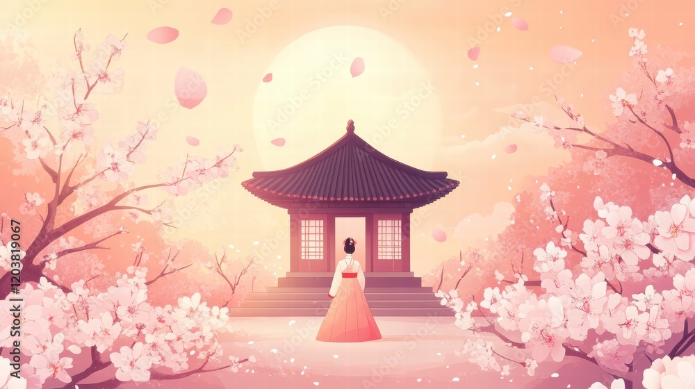 Obraz premium Cherry blossoms blossom around traditional Asian pavilion during spring evening light and soft pink skies. Generative AI