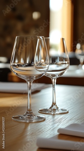 Sparkling wine glasses reflecting warm light in a rustic setting at a cozy re...