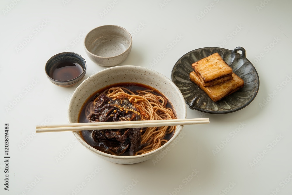 Fototapeta premium Delicious Asian Noodle Dish with Tofu and Broth