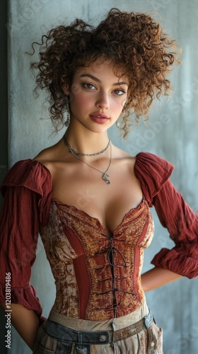 Young woman in a stylish vintage outfit poses confidently against a textured ...