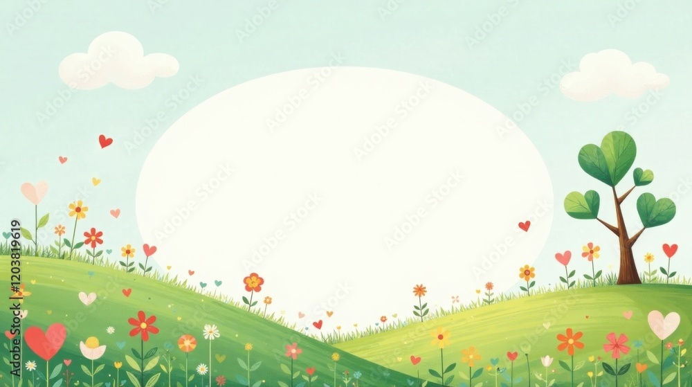 A Charming Springtime Meadow Scene with Heart-Shaped Flowers and a Lovely Tree, Perfect for a Joyful and Whimsical Design A Charming Springtime Meadow Scene with Heart-Shaped Flowers and a Lovely Tree, Perfect for a Joyful and Whimsical Design