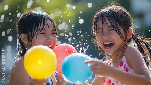 Two Asian girls engaging in a friendly water balloon toss laughing as the balloons splash.