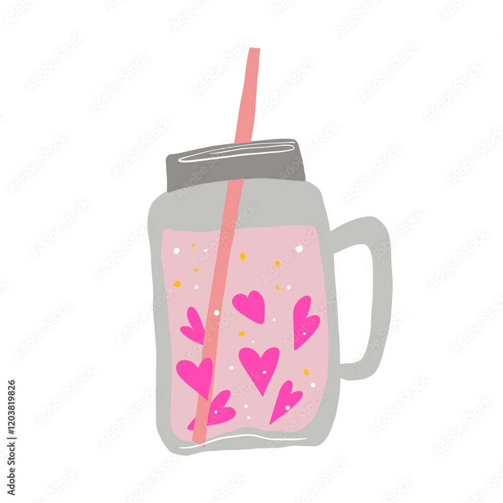 A refreshing pink drink with heart-shaped bubbles, served in a mason jar mug with a handle, decorated with a straw. Perfect for setting a romantic mood. A refreshing pink drink with heart-shaped bubbles, served in a mason jar mug with a handle, decorated with a straw. Perfect for setting a romantic mood.