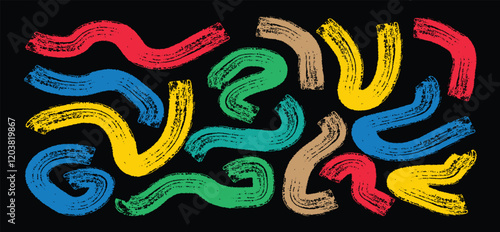 Brush drawn fun brush bold ribbons. Vector creative funky thick strokes, bold texture lines. Confetti style zigzag bold curly strokes.