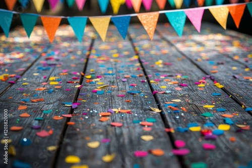 Colorful party decorations with confetti and bunting on a wooden surface duri...